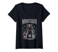 Womens Cyber Minotaur Labyrinth Bull Warrior Dystopian Axe V-Neck T-Shirt
