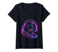 Women's Cyber Panther Synthwave Art Design V-Neck T-Shirt
