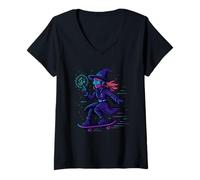 Womens Cyber Witch on Skateboard V-Neck T-Shirt