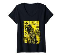 Womens Cyberpunk Astronaut Japanese Streetwear & Sci-Fi Anime V-Neck T-Shirt