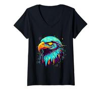 Womens Cyberpunk Bald Eagle 80s Retro Synthwave Patriotic Glitch V-Neck T-Shirt