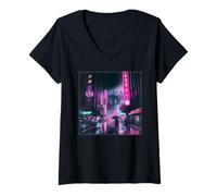 Womens Cyberpunk City Street of Tokyo at Midnight Busan Korea V-Neck T-Shirt