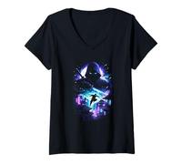 Women's Cyberpunk Ninja Warrior Katana Moon Japanese Cityscape V-Neck T-Shirt