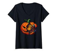 Womens Cyborg Steampunk Pumpkin Cyberpunk Mecha Robotic Halloween V-Neck T-Shirt
