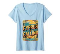 Women's Cyprus is Calling Retro Mediterranean Island Sea Travel V-Neck T-Shirt