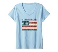 Women's D-Day Normandy 48 Star American Flag Omaha Utah Beaches Aged V-Neck T-Shirt