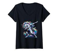 Womens Dab Unicorn - Dabbing Unicorn in Rainbow Colours V-Neck T-Shirt