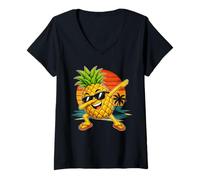Women's Dabbing Pineapple Sunglasses Cartoon Tropical Fruit Sunset V-Neck T-Shirt