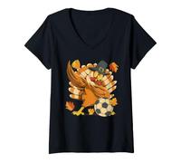 Women's Dabbing Soccer Turkey Pilgrim Funny Thanksgiving Dab Dance V-Neck T-Shirt