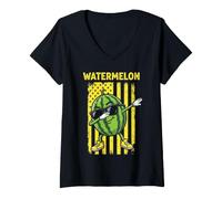 Women's Dabbing Watermelon American Flag Summer Fruit V-Neck T-Shirt