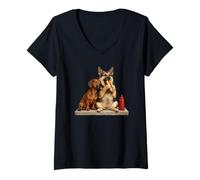Women's Dachshund and German Shepherd Eating Hotdog Together Humor V-Neck T-Shirt