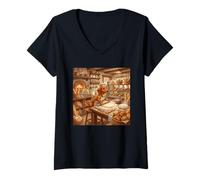 Women's Dachshund Baker Dog Bakery Bread Pastry Kitchen Scene V-Neck T-Shirt