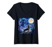 Women's Dachshund Howling at The Moon Night Sky Dog Art V-Neck T-Shirt