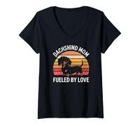 Womens Dachshund Mom Fueled by Love Retro Sunset V-Neck T-Shirt