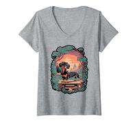 Womens Dachshund Silhouette Chasing Ball at Sunset V-Neck T-Shirt