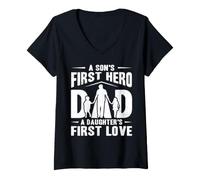 Women's Dad A Son's First Hero A Daughter's First Love Fathers Day V-Neck T-Shirt