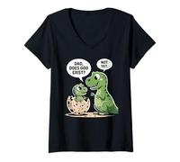 Womens Dad Does God Exist Not Yet Dinosaur Humor V-Neck T-Shirt