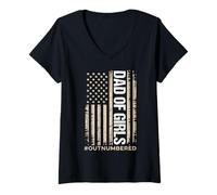 Womens Dad of Girls Outnumbered Distressed US Flag Fatherhood V-Neck T-Shirt
