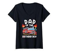 Womens Dad of The Birthday Boy Fire Truck Firefighter 1St Party V-Neck T-Shirt