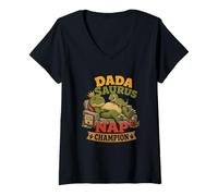 Women's Dada Saurus Nap Funny Dino Daddy Dad Humor Gag Joke V-Neck T-Shirt