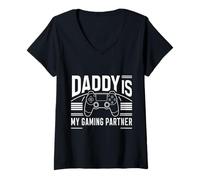 Women's Daddy is My Gaming Partner Gaming Dad Fathers Day V-Neck T-Shirt