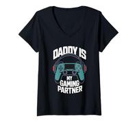 Women's Daddy is My Gaming Partner Gaming Dad Fathers Day V-Neck T-Shirt