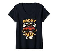 Womens Daddy of The Fast One Race Car Matching Birthday V-Neck T-Shirt