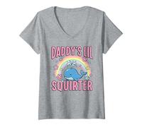 Women's Daddy's Lil Squirter Cute Whale Rainbow Cherry Blossom V-Neck T-Shirt