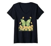 Women's Daffodil Butterfly Flower Gardening Floral V-Neck T-Shirt