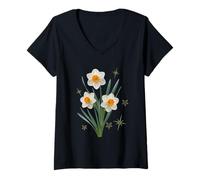 Women's Daffodil Trio White Narcissus Spring Flower V-Neck T-Shirt