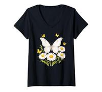Women's Daisy Butterfly Flower Gardening Floral V-Neck T-Shirt