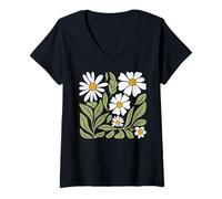 Women's Daisy Flower Design with Leaves Floral Boho Art V-Neck T-Shirt