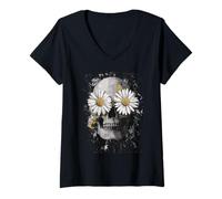 Women's Daisy Skull - Dark Floral Art V-Neck T-Shirt