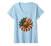 Women's Daisy with American Flag Petals V-Neck T-Shirt