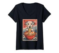 Womens Dalmatian Eating Ramen Kawaii Anime Dog Lover V-Neck T-Shirt