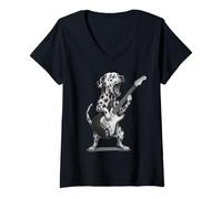 Womens Dalmatian Playing Guitar Rock Music Dog Lover V-Neck T-Shirt