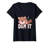 Women's Dam It Wildlife Animals Cute Sleeping Beaver V-Neck T-Shirt