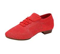 Women's Dance Shoes Ballroom Latin Jazz Dance Practice Shoes Lace-up Knitted Mesh Breathable Cheerleading Shoe Yoga Gym Low Heels Soft Sole Trainers Red