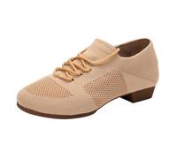 Women's Dance Shoes, Closed Toe Lace-Up Ballroom Latin Jazz Dance Shoes for Beginners Mesh Breathable Dancing Shoe Low Chunky Heeled Shoe Salsa Tango Footwear Hollow Out Trainer Khaki