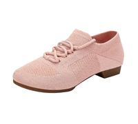 Women's Dance Shoes, Closed Toe Lace-Up Ballroom Latin Jazz Dance Shoes for Beginners Mesh Breathable Dancing Shoe Low Chunky Heeled Shoe Salsa Tango Footwear Hollow Out Trainer Pink
