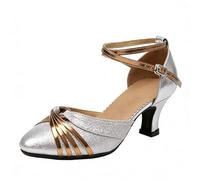 Women's Dance Shoes Leather Mid Heel Pumps Shiny Sequins Sandals Pointed Toe Thin Cross Straps Side Buckle Refined Line Elegant for Latin Evening Performance, 01 Silver, 9 UK