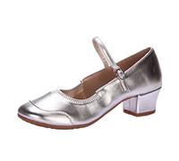 Womens Dance Shoes Mary Jane Dance Shoes for Women Low Heel Closed Toe Jazz Shoe with Leather Upper Ballroom Latin Pumps Chunky Block Samba Heels for Prom Ballet Practice Heels for Student Silver