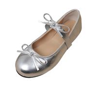 Women's Dance Shoes Metallic Shiny Leather Ballet Flats Simple Strap On The Neck-Toe Small Bow Decorative Round Toe Low Opening Retro Chic Ballet City Outlet, 01 Silver, 7 UK