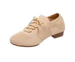 Women's Dance Shoes with Laces Closed Tango Ballroom Training Teaching Performance Knitted Ballet Flats Comfortable Lightweight Casual Shoes Breathable Jazz Shoes Low Shoes, beige, 8.5 UK