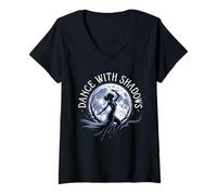 Womens Dance with Shadows Full Moon Gothic Night Art Shirt V-Neck T-Shirt