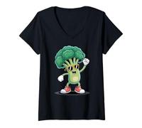 Womens Dancing Broccoli Veggie Fun Broccoli V-Neck T-Shirt