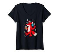 Women's Dancing Fox Headphones Coffee Music Lover Art V-Neck T-Shirt