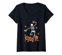 Womens Dancing Skeleton Halloween Pumpkin V-Neck T-Shirt