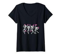 Womens Dancing Skeletons Breast Cancer Awareness Pink Ribbons V-Neck T-Shirt