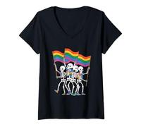 Womens Dancing Skeletons with Pride Flags V-Neck T-Shirt